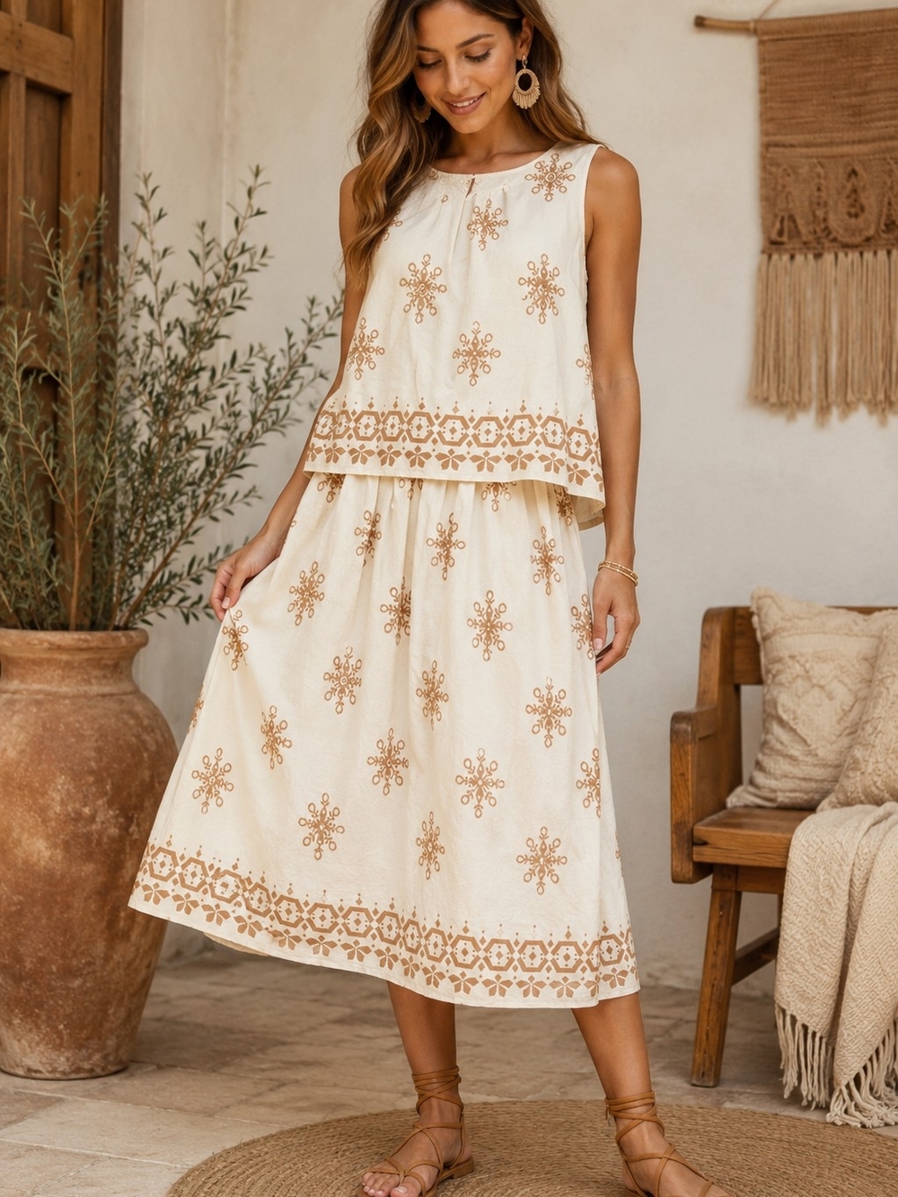 Umgee Cream Embroidered Asymmetrical Two-Piece Midi Dress‎
